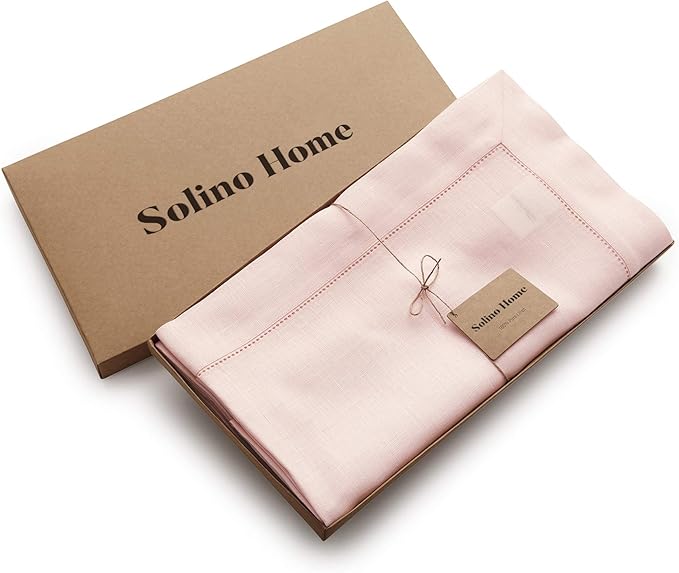Solino Home Linen Tablecloth for Rectangle Tables 60 x 90 Inch - Classic Hemstitch 100% Pure Linen Pink Table Cloth - Machine Washable Cloth Tablecloth