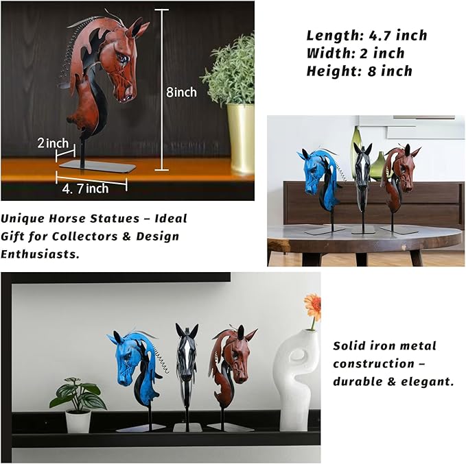 Handmade Horse Statue - Unique Rustic Decor for Office & Home - Hand-Painted Metal Sculpture - Handmade Horses Figurines Gifts for Women/Men (Blue) (Brown)