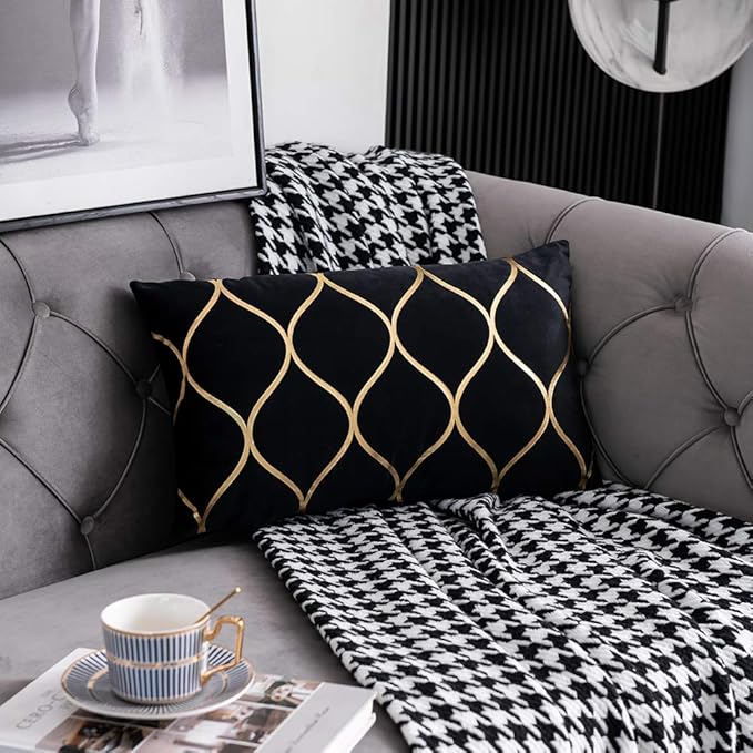 12x20 Inch Gold Velvet Throw Pillow Covers: 2 Pack Rectangular Decorative Pillow Cases for Bedroom Sofa Couch Living Room, Black