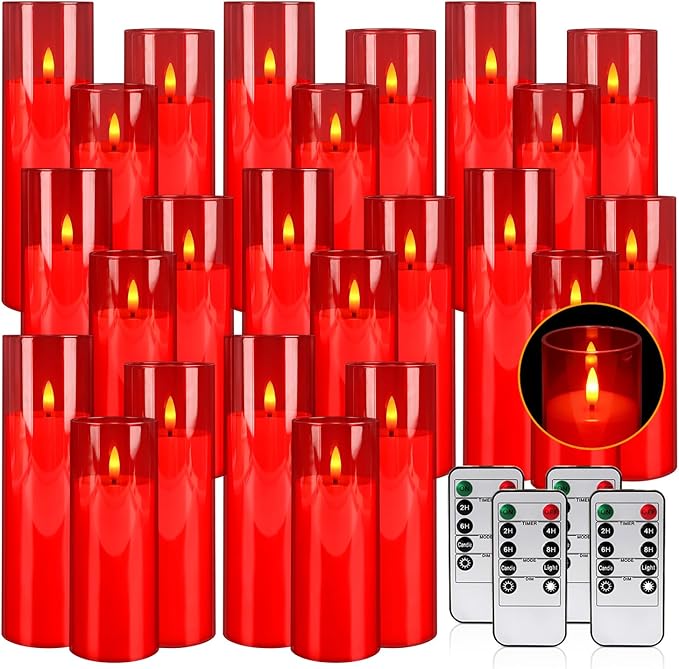 24-Pack Flameless LED Pillar Candles with Remote & Timer - Realistic Flickering Christmas Candles for Holiday Decor, Winter Wedding, Fireplace Mantel, Festive Home Ambiance (Red)