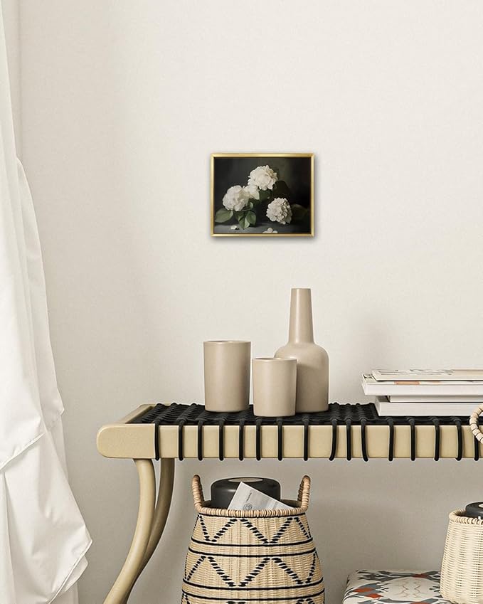 AIMAILON Vintage Gold Canvas Wall Art Framed Decor Classical Botanical Aesthetic Picture Blooming White Hydrangea Flowers Artwork Retro Light Boho Print Desktop Decoration 8x10
