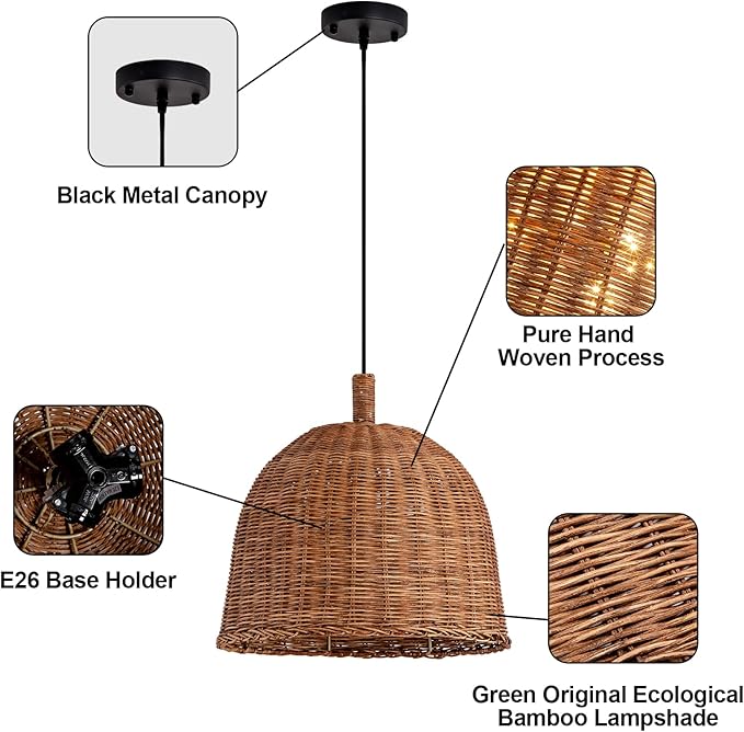 Farmhouse Rattan Pendant Light, 13.8IN Rustic Weaving Wicker Dining Room Light, Boho Ceiling Chandelier Bracket Hanging Lamp Fixture for Living Room Bedroom Kitchen Island Entry Hallway