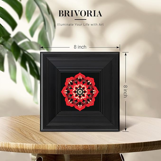 Brivoria Mandala Wall Art Home Decor, Framed Red and Gold Crimson Flame Mandala, Modern Spiritual Energy Wall Decor for Meditation Corner Desk Shelf or Bedroom, Vibrant Wall and Tabletop Accent, 8x8