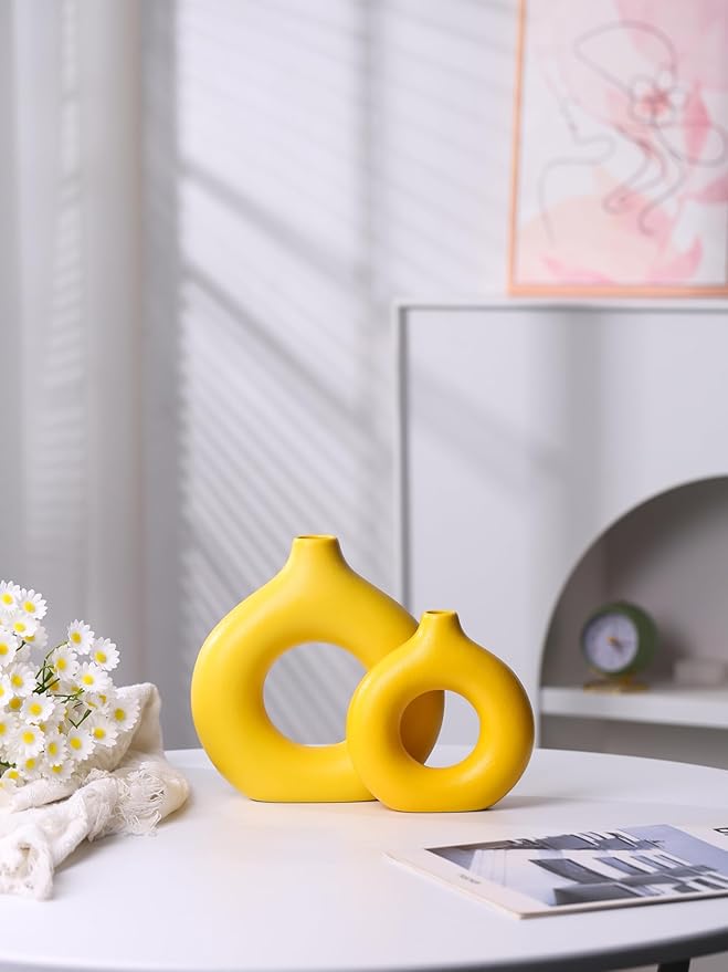 Modern Donut-Shaped Decorative Vases, Handmade Minimalist Boho ins Style, Modern Vase for Home Decor for Wedding Dinner Table Party Living Room Office Bedroom (Yellow, Small)