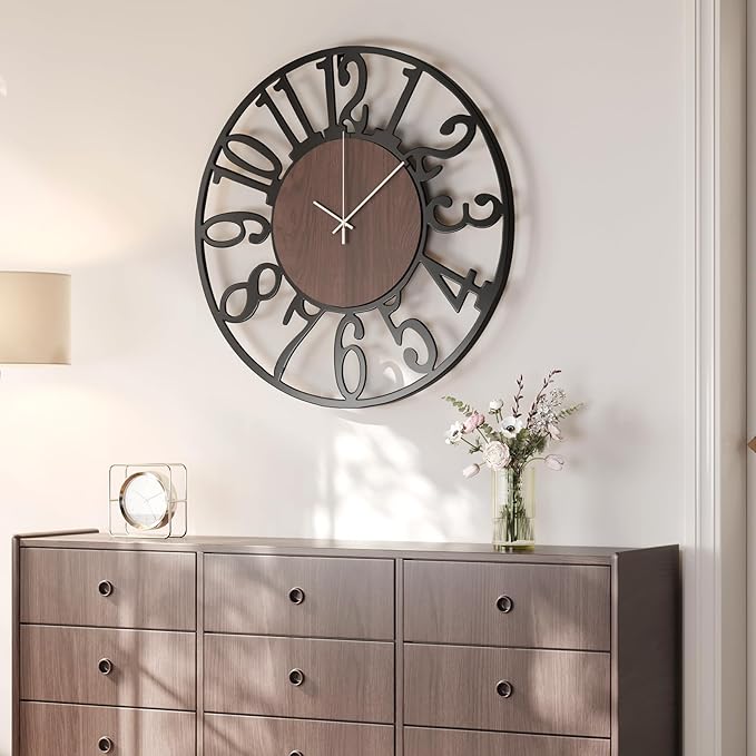 Cuspin 24 inch Large Wall Clock for Living Room Decor, Decorative Metal and Wood Wall Clock Battery Operated Silent Non Ticking, Modern Farmhouse Black Round Big Clocks -Arabic Numerals