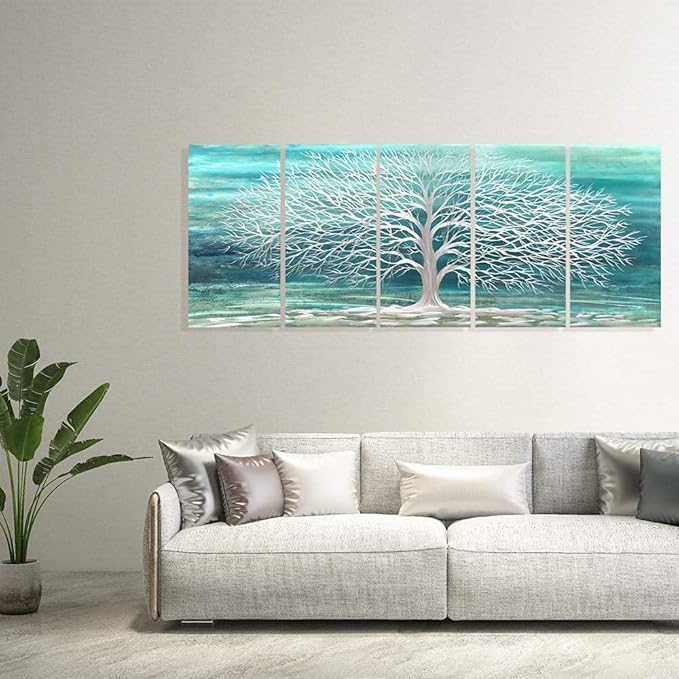 RICHSPACE ARTS Blue Green Metal Wall Art Silver Tree of Life 3d Artwork Extra Large Teal Sculpture Decor on Aluminum for Bedroom Living Room Kitchen Room Dining Room Walls Set of 5 Panels