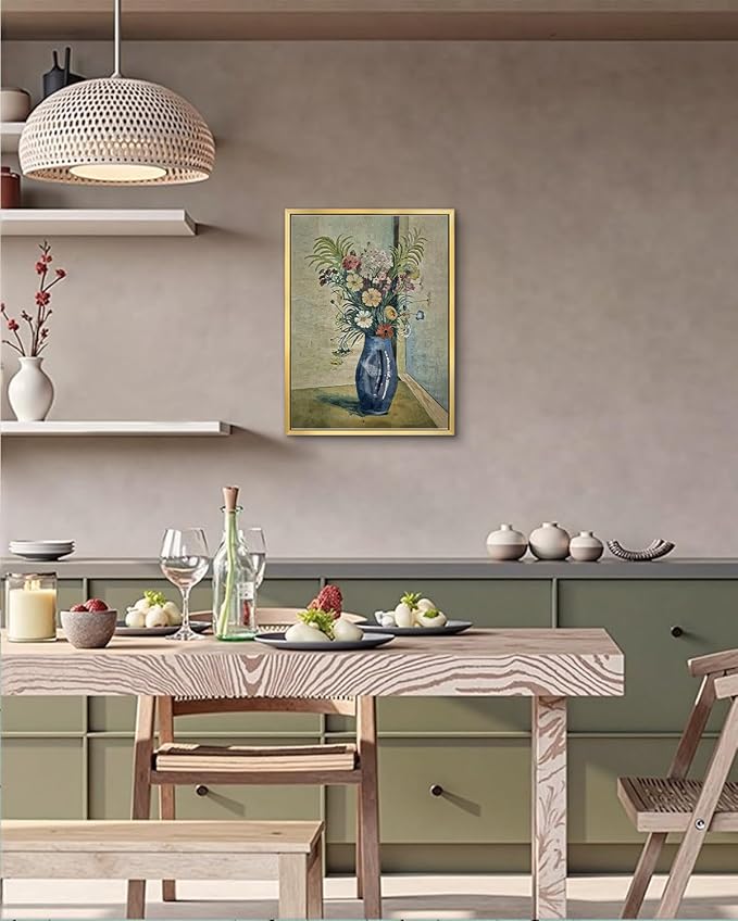 AIMAILON Vintage Gold Canvas Wall Art Framed Decor for Living Room Kitchen Colorful Wildflower Print Still Life Classical Home Decration Artwork Picture Desktop Decor 12x16