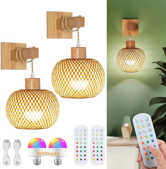 Battery Operated Wall Sconce with Remote Set of 2, Rechargeable Boho Wall Sconces with 8000mAh Bulbs, Woven Bamboo Wall Light/Lamp Rattan Wall Sconce for Bedroom