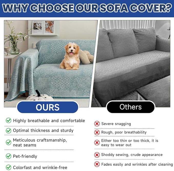 ROOMLIFE Blue Couch Cover Boho Sofa Covers for 3 Cushion Couch Washable, Furniture Protector Sofa Couch Cover for Dogs, Soft Breathable Sofa Slipcover, Couch Throw Blankets with Tassels 71''X150''