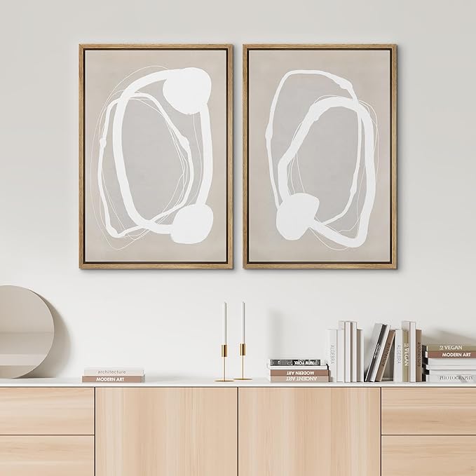 SIGNWIN Framed Canvas Print Wall Art Set Pastel Tan Circle Ring Collage Abstract Shapes Cozy Neutral Modern Art Decorative Nordic for Living Room, Bedroom, Office - 24"x36"x2 Natural