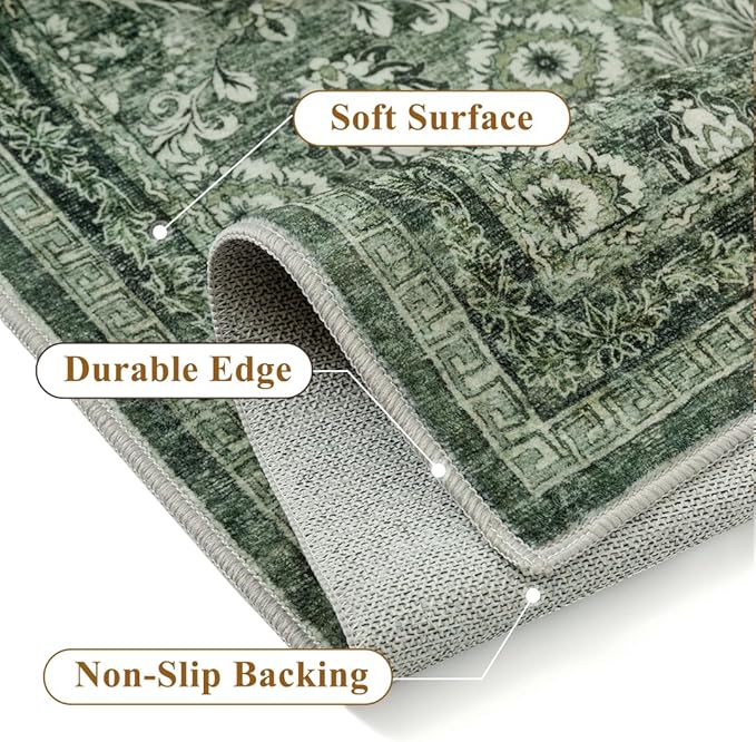 5x7 Vintage Area Rug Green Washable Living Room Large Non Slip Carpet Bedroom Indoor Office Low Pile Traditional Distressed Retro Floral Accent Rug for Dining Room Bathroom Kitchen