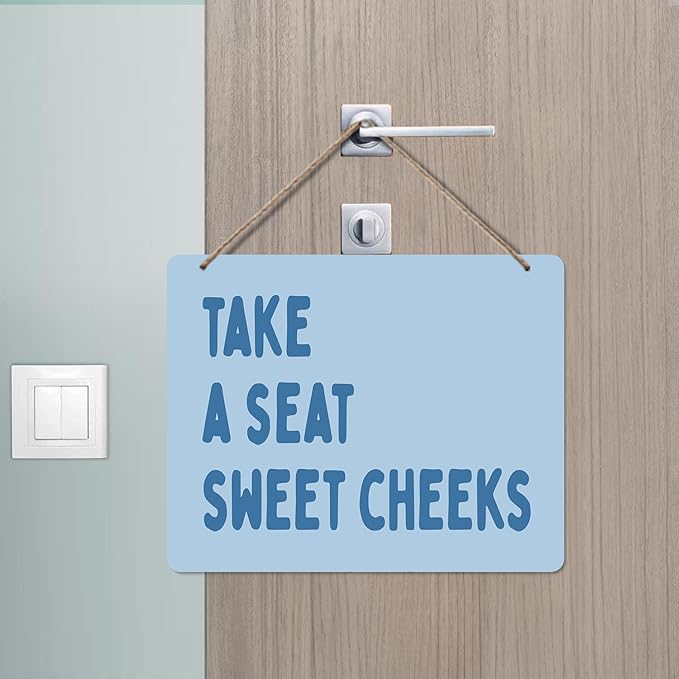 Udinaz Hot Blue Funny Sweet Cheeks Hanging Sign for Bathroom, Funny Bathroom Wall Decor, Take a Seat Sweet Cheeks Humorous Hanging Wood Plaque Decor for Bath Room Washroom Wall Door Decorations