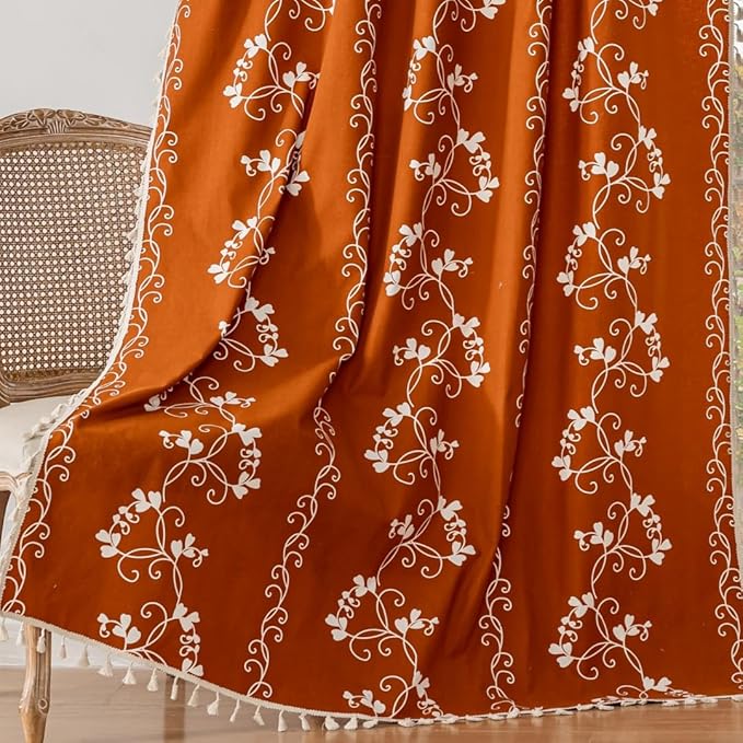 Floral Curtains Boho Farmhouse Curtains for Bedroom, Cotton Linen Blend Toile Curtain Printed Floral Terracotta Rustic Curtain Drapes 2 Panel 55" W x 84" L