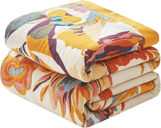 Boho Throw Blanket 60" x 80", 100% Organic Cotton Skin-Friendly Lightweight Ultra Soft Bed Quilt Throw - Fall Floral Butterfly Farmhouse Decor Blanket for Sofa Couch Chair and Gift.