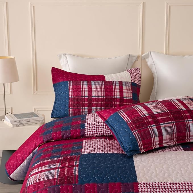 DURLENGEN White Quilt Set 3Pcs, Rustic Stonehurst Collection with Red & Navy & White Patchwork Pattern, All Season Lightweight Coverlet Sets(California King 112x104, Red Patchwork)