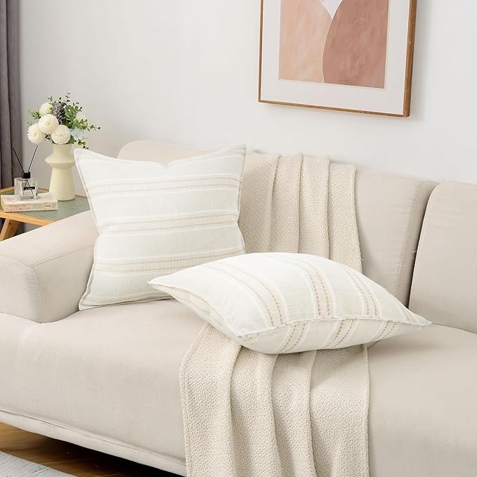 18X18 Decorative Farmhouse Linen Throw Pillow Covers, Boho Textured Pillow Case Set of 2 ,Beige with White & Brown Stitch Yarn Dyed Stripe Cushion Cover ,Modern Accent Square Pillowcase for Sofa Couch