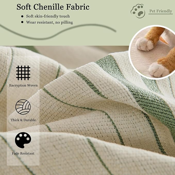 DREAMINGO Couch Cover Washable Chenille Sofa Protector for Pet Kids Beige Green Loveseat Couch Covers for 2 Cushion Couch Stripe Jacquard Versatile Sofa Throw Slipcover for Futon Couch, 71"x102"