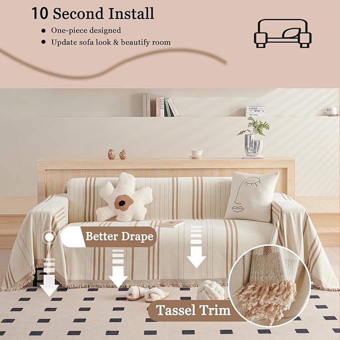 DREAMINGO Couch Cover Washable Chenille Sofa Protector for Pet Kids Beige Coffee Loveseat Couch Covers for 2 Cushion Couch Stripe Jacquard Versatile Sofa Throw Slipcover for Futon Couch, 71"x102"