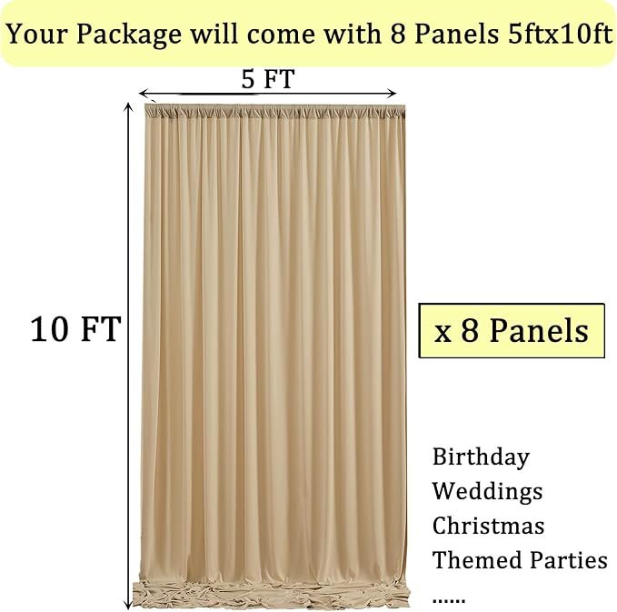 40ft x 10ft Wrinkle Free Beige Backdrop Curtains for Parties, 8 Panels Thick Fabric Photo Backdrop Drapes for Weddings Photography Birthday Party Backgrpund Decor