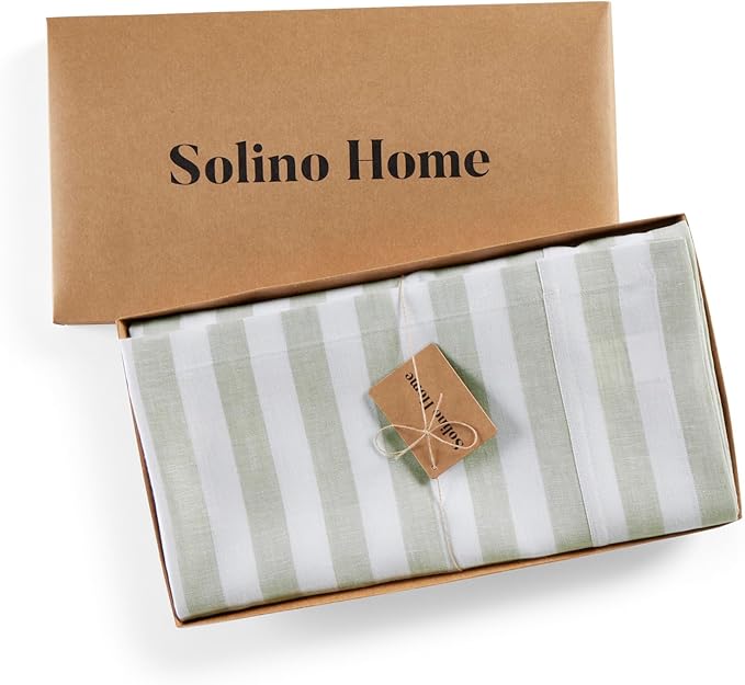 Solino Home Linen Striped Tablecloth 60 x 108 Inch - 100% Pure Linen Sage and White Table Cloth for Rectangle Tables - Sorrento Stripe, Machine Washable Tablecloth for Fall, Thanksgiving, Christmas