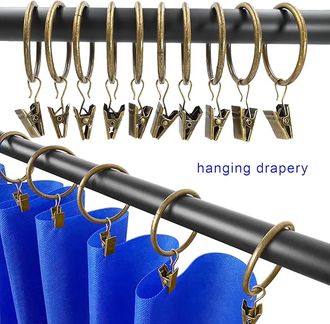 40 Pack Metal Curtain Rings with Clips, Drapery Clips with Rings, Curtain Rod Clips Hooks, Decorative Windows Hanging Curtain Hangers, 1.5 Inch Interior Diameter, Bronze