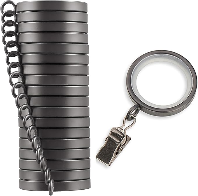 MODE Cambria Designer Series - Premium Easy Glide 18 Count Small Curtain Rings - Metal with Nylon Inserts and Clips - 1 inch Inner Diameter - use for rods 5/8" or Smaller - Matte Graphite