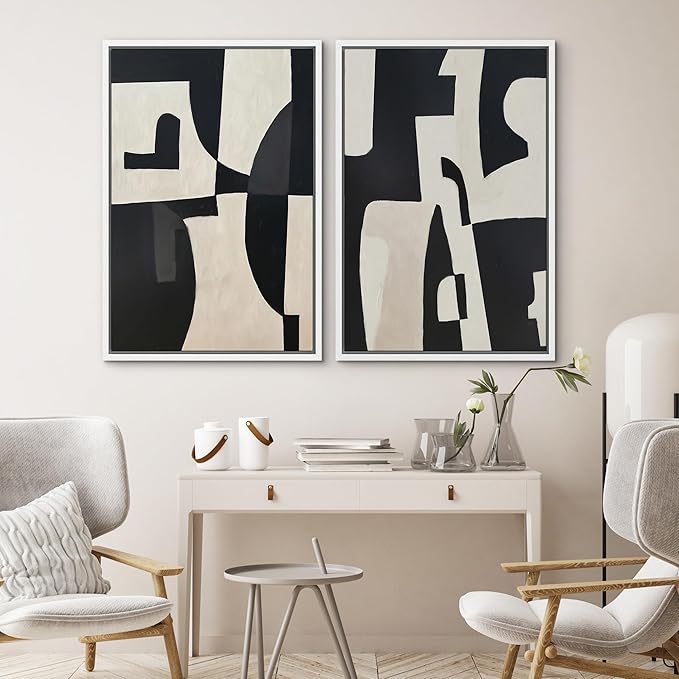 SIGNWIN Framed Canvas Print Wall Art Set Black and Beige Abstract Geometric Modern Bold Minimalist Illustrations Minimal Decorative Zen Bohemian for Living Room, Bedroom, Office - 16"x24"x2 White