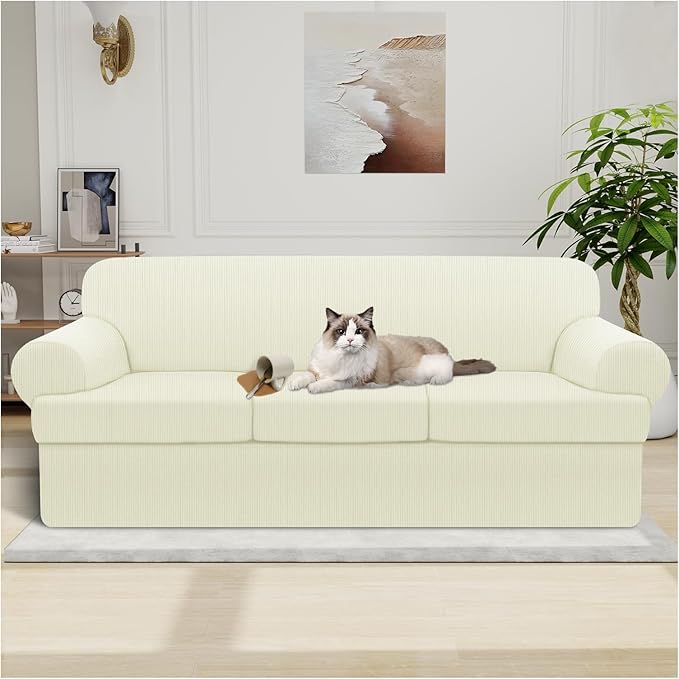 Waterproof Couch Cover 4-Piece Set Striped Sofa Slipcovers for 3 Separate T Cushion Couch - TPU Fabric Sofa Covers Leakproof Couch Protector for Kids, Pets(3 Cushion Sofa, Ivory)