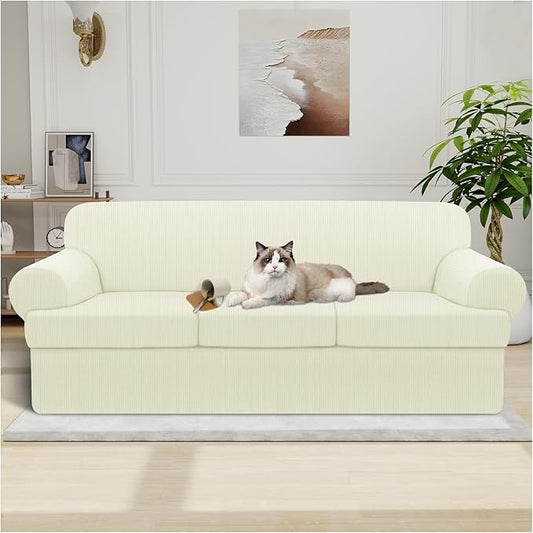 Waterproof Couch Cover 4-Piece Set Striped Sofa Slipcovers for 3 Separate T Cushion Couch - TPU Fabric Sofa Covers Leakproof Couch Protector for Kids, Pets(3 Cushion Sofa, Ivory)