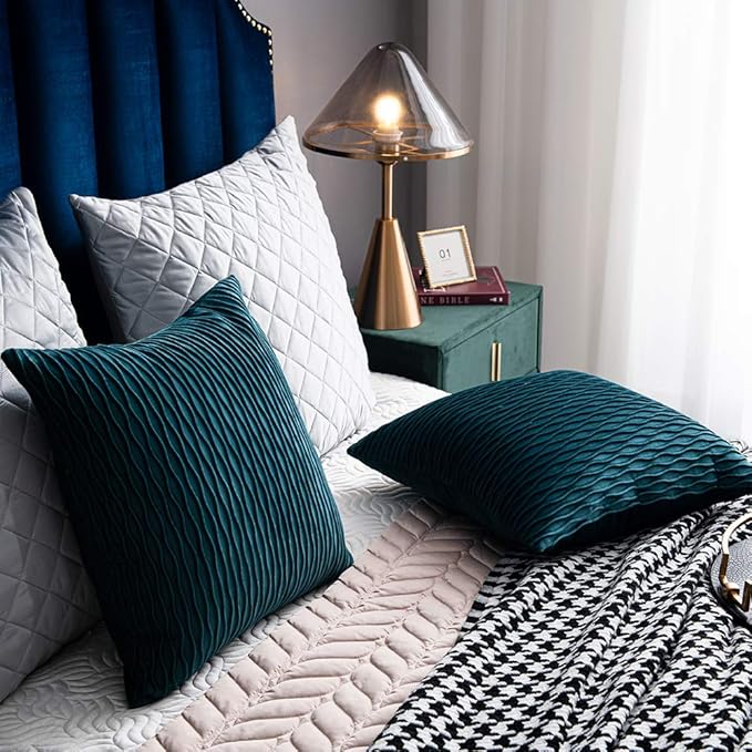 16x16 Teal Throw Pillow Cases: 2 Pack Original Striped Velvet Square Decorative Pillow Covers for Farmhouse Couch