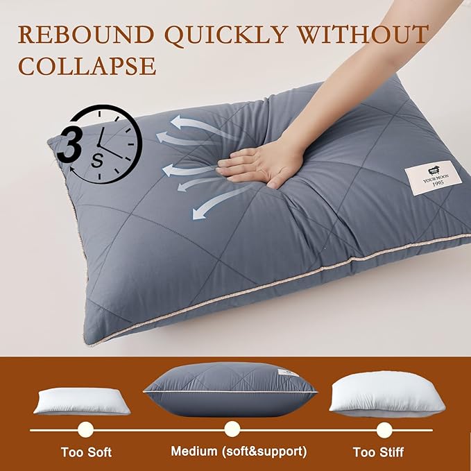 YOUR MOON Organic Wool Pillow Queen Size Set of 2, Soft Support Bed Pillows for Sleeping, Natural Wool & Down Alternative Filling, Luxury Hotel Quality Pillows,100% Cotton Cover (Gray)