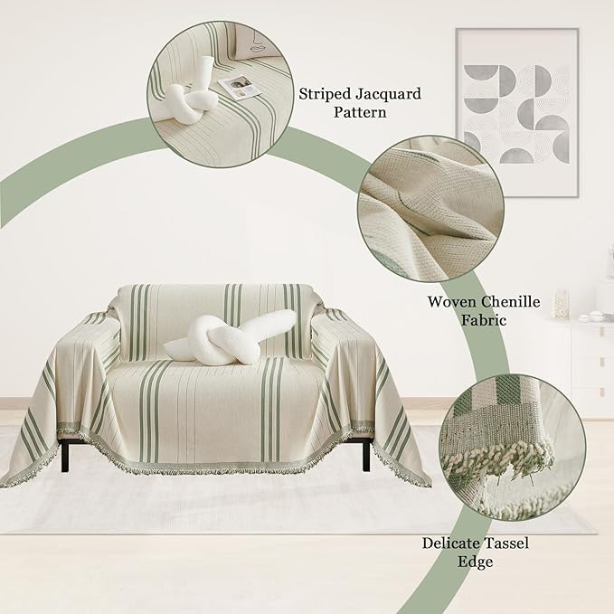 DREAMINGO Armchair Cover Washable Chenille Sofa Protector for Pet Kids Beige Green Chair Couch Covers for 1 Cushion Couch Stripe Jacquard Versatile Sofa Throw Slipcover for Futon Couch, 71"x91"