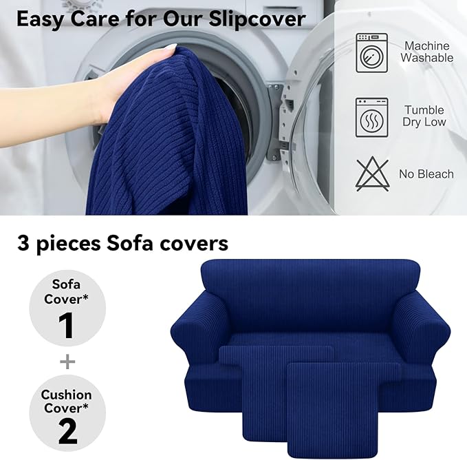 Waterproof Loveseat Cover 3-Piece Set Striped Slipcover for 2 Separate T Cushion Couch - TPU Fabric 2-Seater Sofa Covers Leakproof Couch Protector for Kids, Pets(Loveseat, Navy)