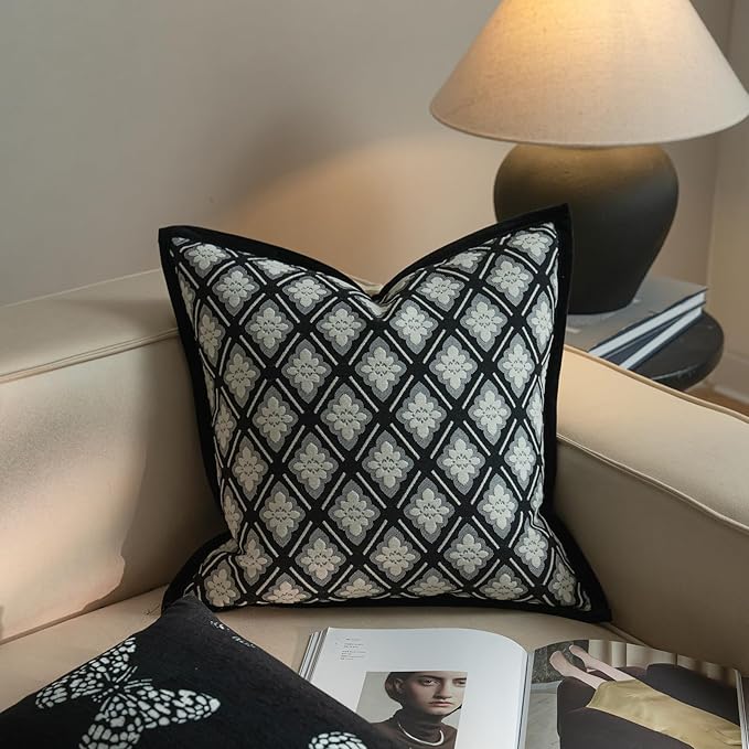 New 20x20'' inches Throw Pillow Cushion Covers - Black Camellia Cocostyle Chenille Jacquard Embroidery Vogue Luxury Modern Style Couch Sofa Bed Pillow Cover for Living Room Bedroom