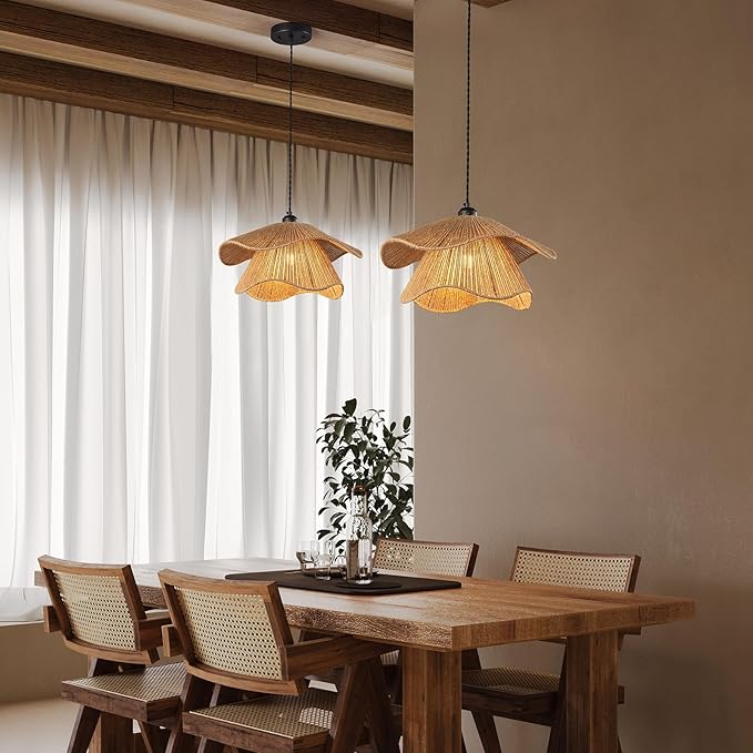 Farmhouse Hand-Woven Rattan Pendant Light Fixture Bohemian Chandelier Woven Wicker Pendant Lighting for Kitchen Island, Dining Room, Bedroom Room,Hallway