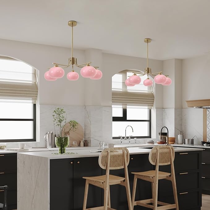 KCO Lighting Modern Pink Chandelier Pink Glass Pendant Light 5 Lights Gold Large Globe Chandelier Mid Century Flush Mount Ceiling Light Fixture for Dining Room Kitchen Island Living Room