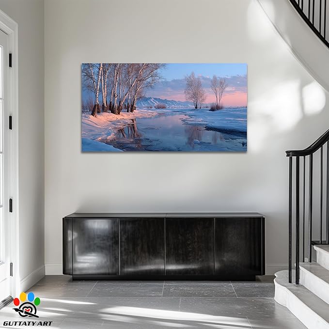 GUTTATY Christmas Winter Birch Canvas Wall Art, Snowy River Landscape Canvas Painting, Tranquil Winter Nature Scene Pictures Prints for Living Room, Bedroom, Holiday Hanging Artwork, 32x16 Inch