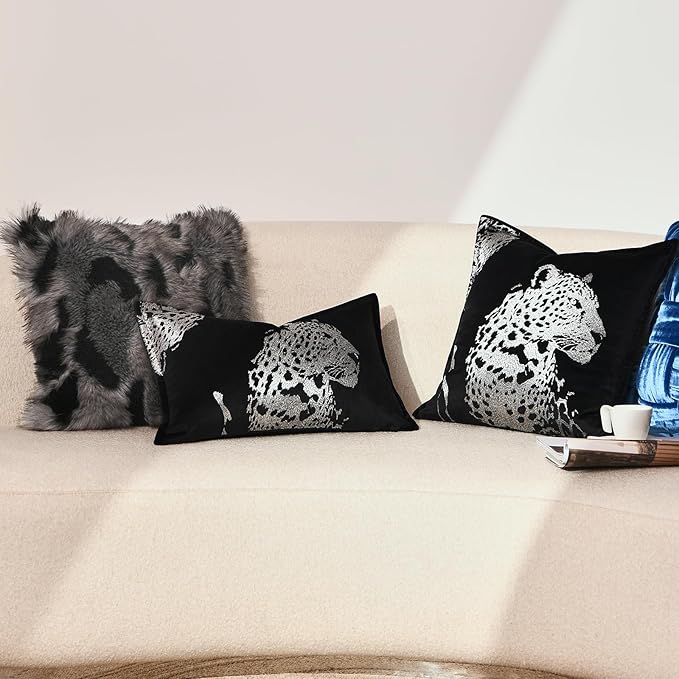Decorative Lumbar Throw Pillow Cover 12x20'' inch, New Upgrade Velvet Luxury Silver Cheetah Embroidered Long Pillowcase for Bed Couch Sofa Bedroom Living Room