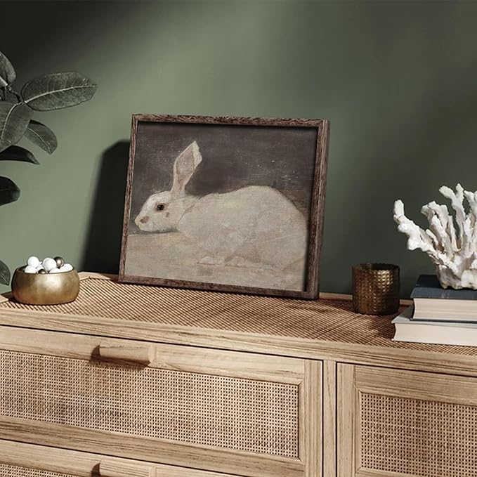XOCUUI Vintage Rabbit Wall Art - Spring Easter Bunny Poster Decor - Modern Farmhouse Easter Egg Decoration for Bedroom Living Room - Rabbit Lover Gift - Rustic French Country Decor 8x10 - Unframed