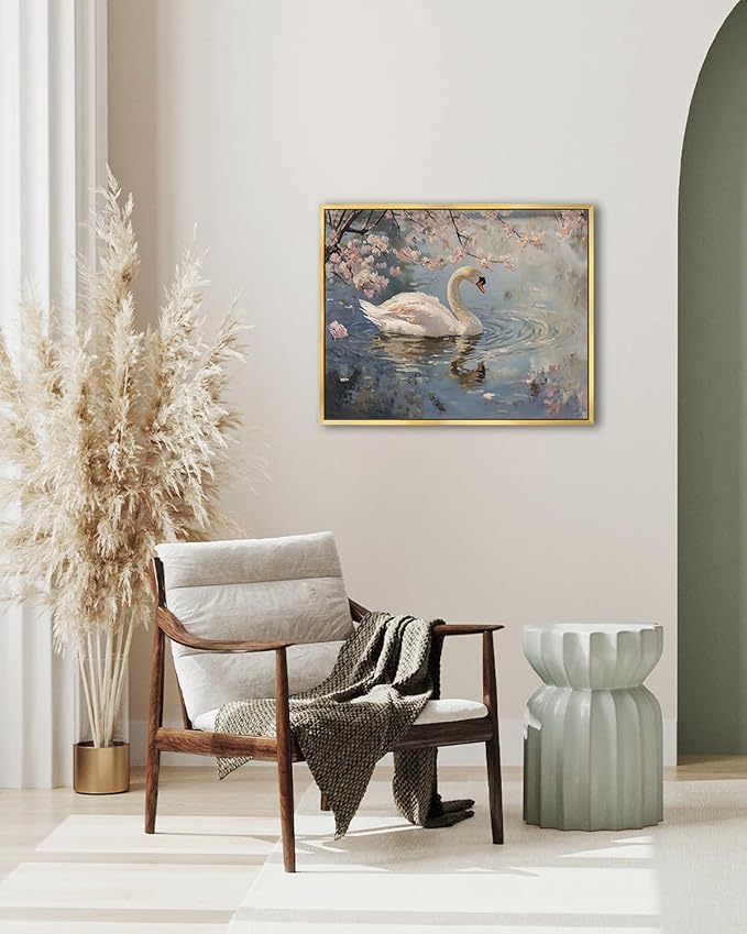 AIMAILON Vintage Gold Canvas Wall Art Framed Decor for Living Room Gallery White Swan Animal Print Pictures Classical Pink Flower Lake Background Aesthetic Artwork Home Decoration 16x20