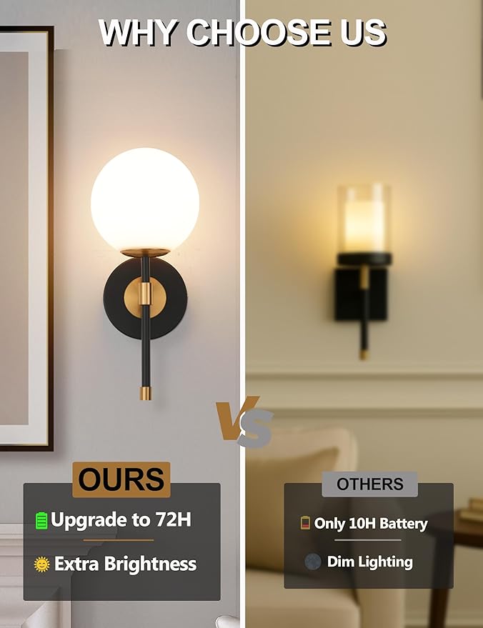 Battery Operated Globe Wall Sconces Set of 2, Black & Gold Wireless Wall Lights with Remote Control, Rechargeable 3 Color Stepless Dimming Modern Wall Decor Lamp for Bedroom Living Room Hallway