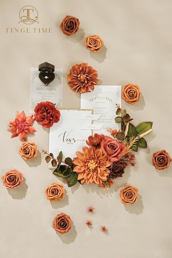 TINGE TIME Artificial Flowers Deep Burnt Orange Flower Combo for DIY Wedding Bouquets Table Centerpieces Arrangements Party Baby Shower Home Fall Decorations