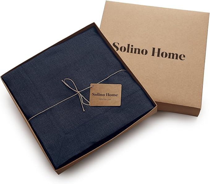 Solino Home Navy Blue Linen Tablecloth 60 x 144 Inch - 100% Pure Linen Table Cloth for Rectangle Tables - Fete, Machine Washable Tablecloth for Fall, Autumn, Thanksgiving, Christmas, Holiday, Winter