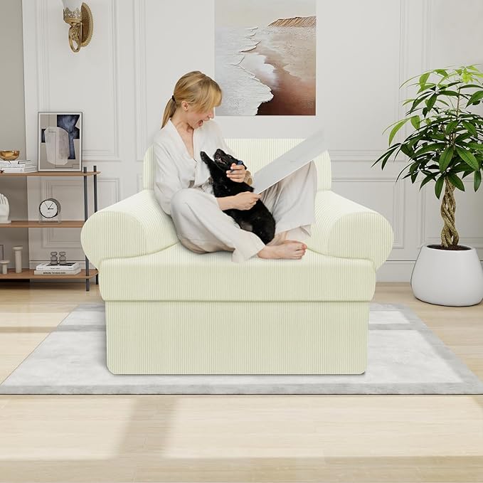 Waterproof Chair Cover with Arms 2-Piece Set Striped Slipcover for 1 Separate T Cushion Couch - TPU Fabric Armchair Covers Leakproof Couch Protector for Kids, Pets(Chair, Ivory)