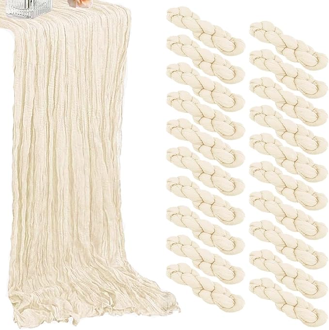 20 Pack Beige Cheesecloth Table Runners 35 x 71 Inch – Rustic Boho Gauze Table Runner for Wedding Arch, Party Decoration, Bridal Shower, Reception, Farmhouse Dining Decor
