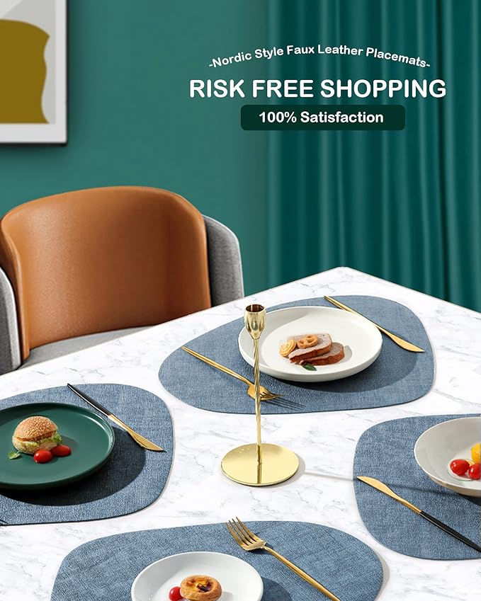 6 Pack Faux Leather Placemats Set,Blue PU Dining Table Mats,Wipeable Easy to Clean Stain Resistant Heat Resistant Waterproof Place Mats Durable Plate Mats for Table Nordic Style