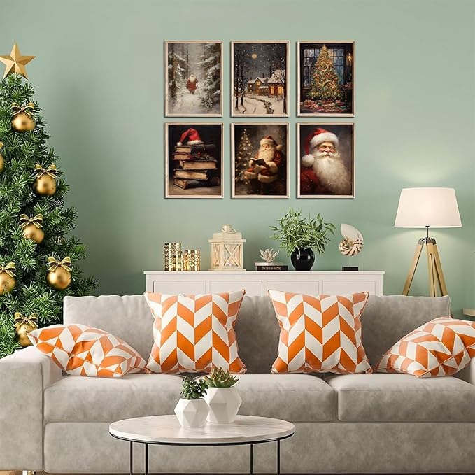 Kizbook Vintage Christmas Wall Art Prints, Santa Claus Christmas Holiday Art Prints Painting, Farmhouse Xmas Christmas Poster, Christmas Gallery Wall Art Winter Print, Vintage Christmas Decor for Holiday, Set of 6 (8"x10"-Unframed)