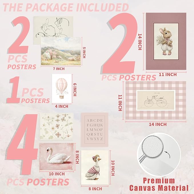 Kizbok Pink Nursery Wall Art Decor for Baby Girl Room Decor, Vintage Kids Room Wall Decor Swan Bunny Duck Hot Air Balloons Flower Canvas Art Prints Poster, Cute Nursery Wall Poster for Little Girl's Bedroom, Toddler Kids Playroom - Unframed
