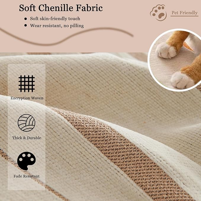 DREAMINGO Couch Cover Reversible Chenille 3 Seat Sofa Covers for Holidays Christmas Beige Coffee Couch Protector for 3 Cushion Couch Sofa Vertical Stripe Jacquard Sofa Slipcover Sectional, 71"x134"