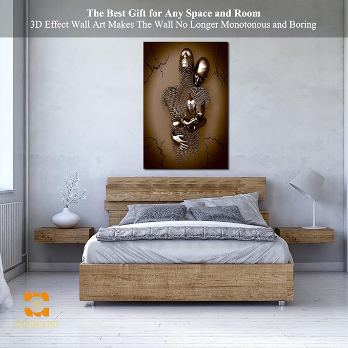 HIPOCAPO 3D Metal Effect Wall Art - Love Heart Canvas Art, Gold Decor for Living Room, Romantic Couple Room Framed 32”x48”x1Pcs 3d Art-17